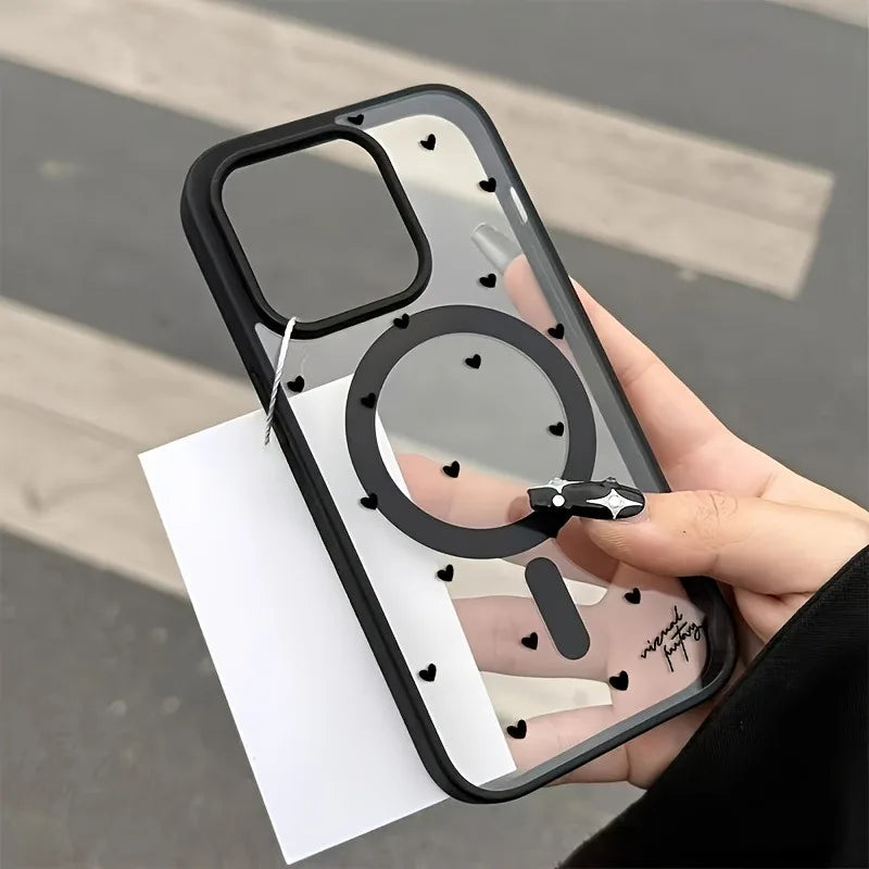 For Wireless Charging Magnetic Phone Case for iPhone 17 13 12 14 15 16 Pro Max 11 16E 16 Plus 17 Air With Black Love Heart Cover