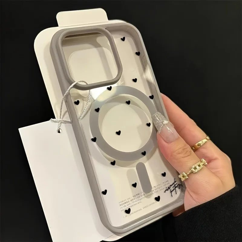 For Wireless Charging Magnetic Phone Case for iPhone 17 13 12 14 15 16 Pro Max 11 16E 16 Plus 17 Air With Black Love Heart Cover
