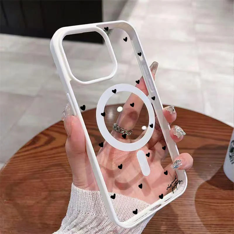For Wireless Charging Magnetic Phone Case for iPhone 17 13 12 14 15 16 Pro Max 11 16E 16 Plus 17 Air With Black Love Heart Cover
