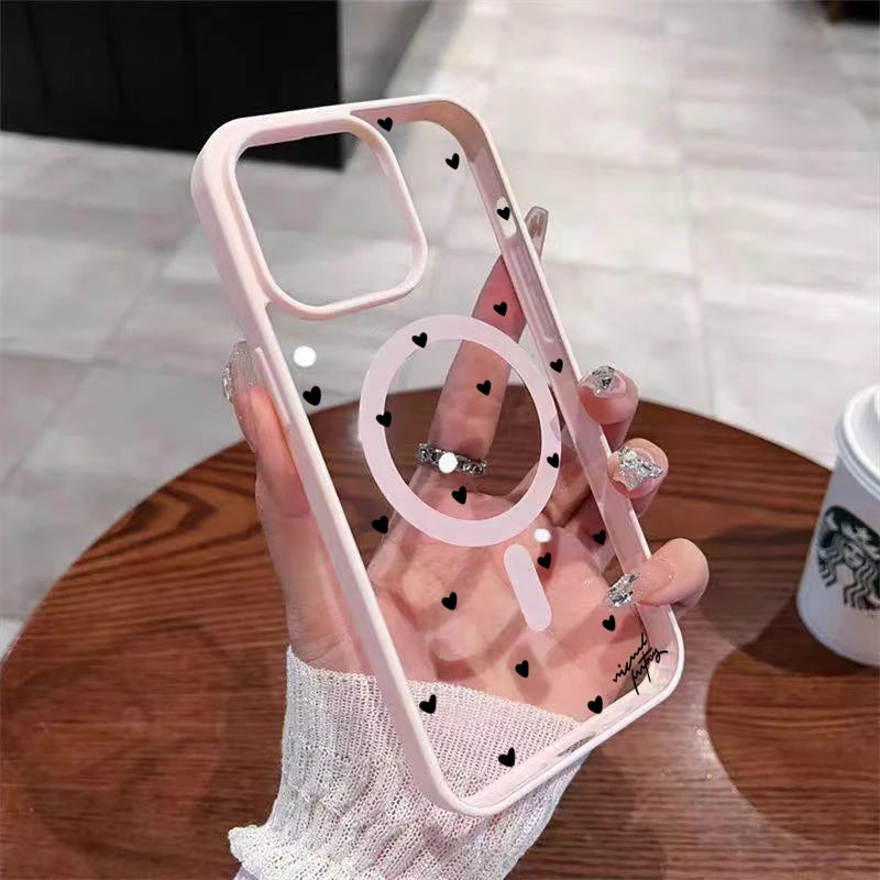 For Wireless Charging Magnetic Phone Case for iPhone 17 13 12 14 15 16 Pro Max 11 16E 16 Plus 17 Air With Black Love Heart Cover